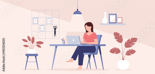 Woman Working from Home on Laptop, Cozy Home Office and Remote Work Concept Illustration 
