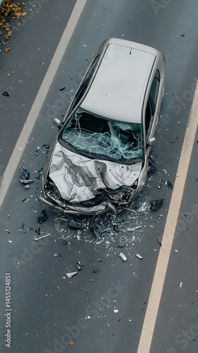 Car crash aftermath: Shattered windshield, crumpled hood, and debris scattered on the road paint a grim picture of a vehicular accident.