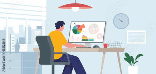 Young man working remotely on laptop with productivity growth chart, urban background and digital work concept
