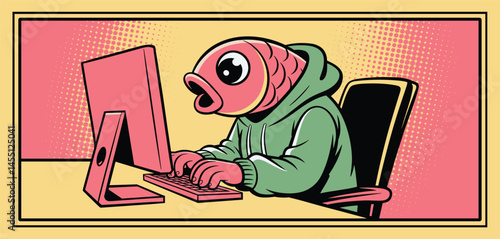 Surreal illustration of humanoid fish character in hoodie typing on computer, pop art style concept representing internet culture and digital identity
