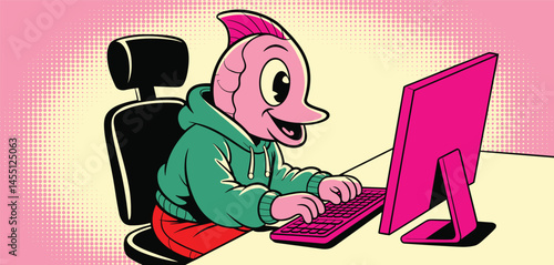 Surreal illustration of humanoid fish character in hoodie typing on computer, pop art style concept representing internet culture and digital identity
