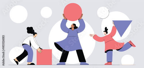 Creative Teamwork and Collaboration Concept, People Playing with Geometric Shapes in Abstract Illustration 
