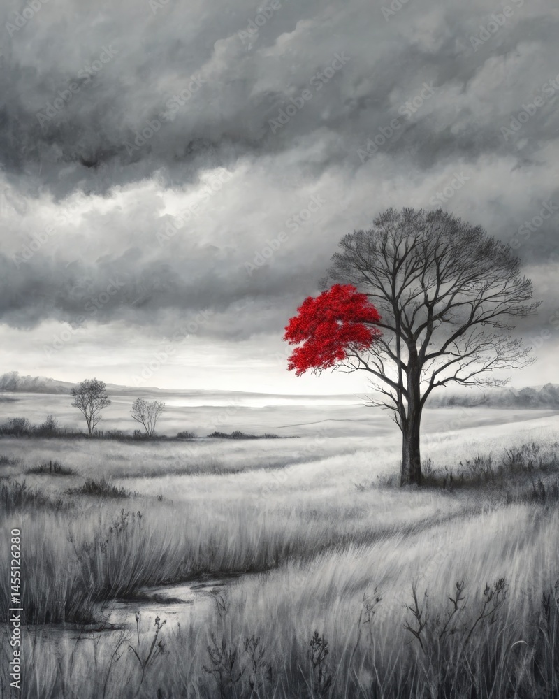 A monochromatic landscape with a single splash of red demonstrating how emotion can leap into focus and alter our perception of an otherwise neutral scene.