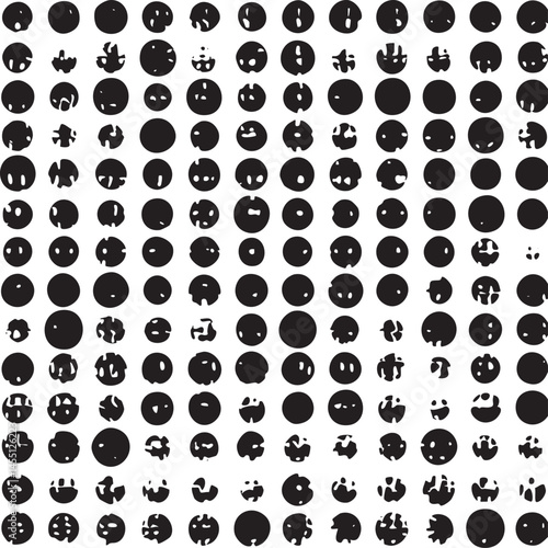 A grid of numerous identical monochrome circular faces exhibits a playful and slightly whimsical arrangement.