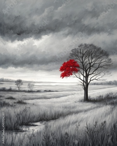Obraz na płótnie A monochromatic landscape with a single splash of red demonstrating how emotion can leap into focus and alter our perception of an otherwise neutral scene. w salonie