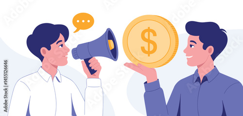 Marketing and Financial Success Concept, People Promoting and Earning Money Illustration 
