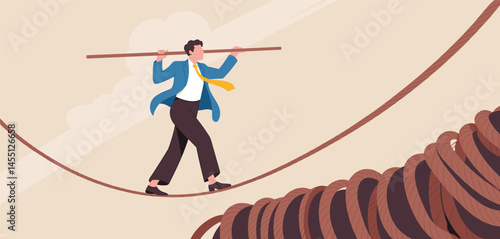 Businessman Balancing on Tightrope, Risk Management and Career Challenge Concept Illustration 

