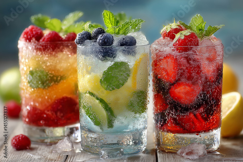 Refreshing fruit cocktails served with fresh fruits in vibrant colors