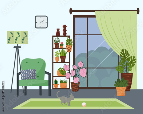 Interior with living room furniture. Large window with curtain. Shelf with plants. Armchair with pillows. Carpet on the floor. Kitten playing ball. Cozy interior with house flowers. Floor lamp and