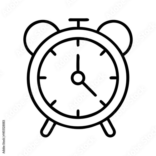 black and white outline icon of classic alarm clock with ringing bells, minimal symbol of sleep schedule, wake time and healthy bedtime routine