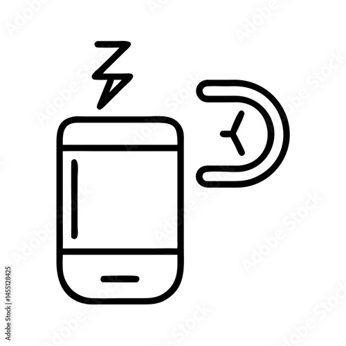 black and white outline icon of smartphone with alert and moon, minimal bedtime warning symbol for screen time, sleep disruption and wellness