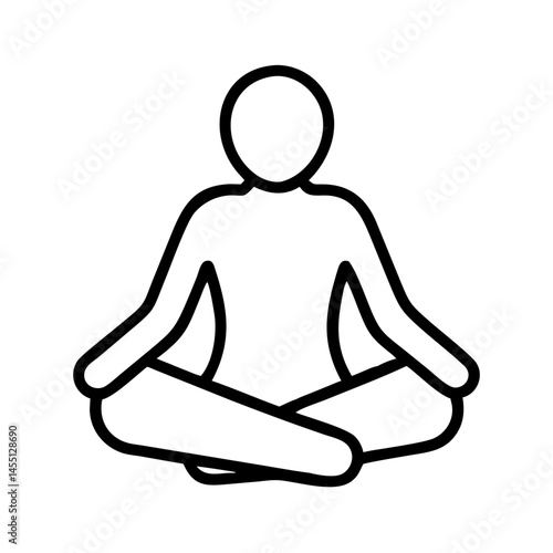 black and white outline icon of person meditating in lotus pose, minimal wellness symbol for evening calm, mindfulness and healthy sleep routine