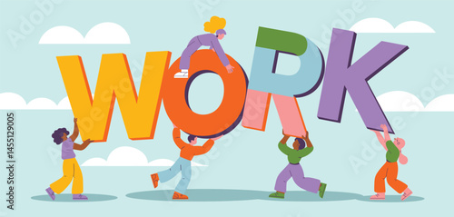 Team of people interacting with large colorful letters spelling "WORK", symbolizing collaboration, productivity, and workplace teamwork
