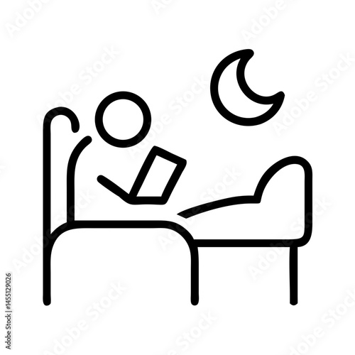 black and white outline icon of person reading in bed under moon, minimal bedtime routine symbol for relaxing sleep preparation habit