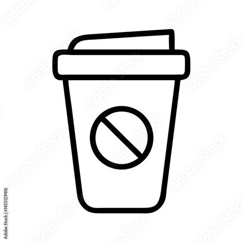 black and white outline icon of disposable coffee cup with prohibition sign, no caffeine before sleep symbol, healthy bedtime routine concept