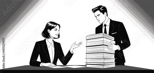 Retro-style black and white illustration of businesswoman delegating paperwork to businessman, classic office scene symbolizing workload and management
