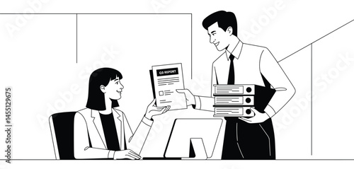 Retro-style black and white illustration of businesswoman delegating paperwork to businessman, classic office scene symbolizing workload and management
