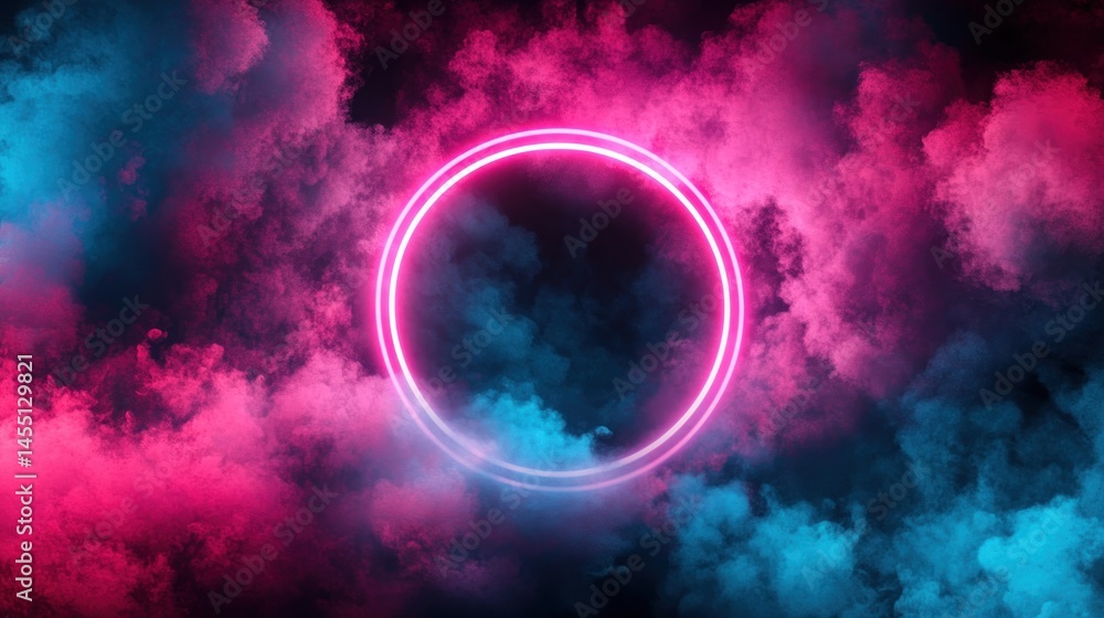 Obraz premium Vivid neon circle framed by swirling pink and blue smoke.