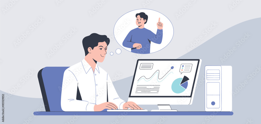 Office worker analyzing charts and graphs on computer during online meeting, virtual teamwork and data analysis concept illustration
Office worker analyzing charts and graphs on computer during online meeting, virtual teamwork and data analysis concept illustration