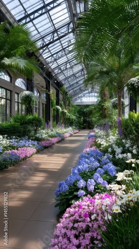 Botanical garden pathway with rows of colorful flowers and glass rooftop greenhouse structure with palm trees inside.