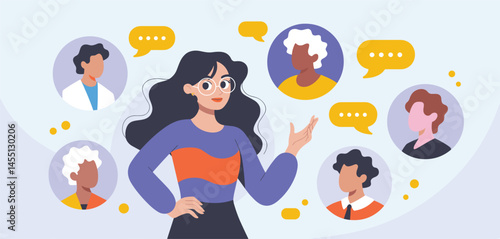 Confident woman surrounded by diverse avatars and speech bubbles, symbolizing communication, networking, and social connection
