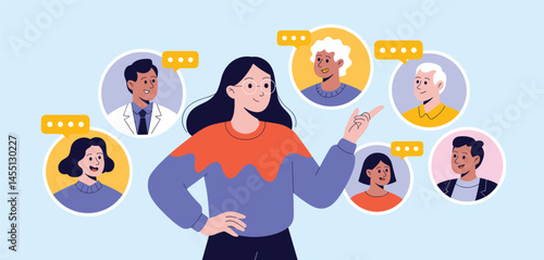 Confident woman surrounded by diverse avatars and speech bubbles, symbolizing communication, networking, and social connection
