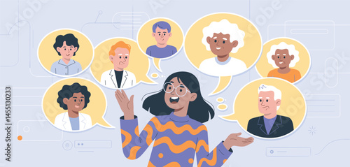 Confident woman surrounded by diverse avatars and speech bubbles, symbolizing communication, networking, and social connection
