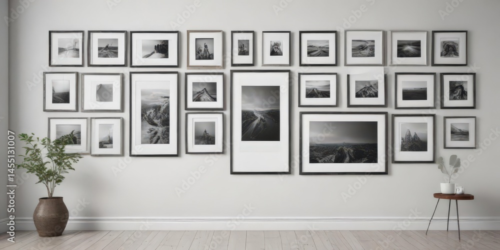 Fototapeta premium Gallery wall mockup; customizable frames, various sizes & styles, white background, picture collage, wall gallery