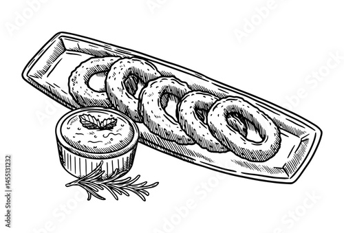 hand draw vector illustration of onion rings with sauce