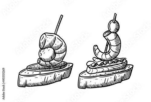 Hand draw vector illustration of two tapas, spanish appetizer, restaurant