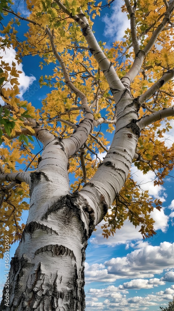 Fototapeta premium Spiraled white birch with golden leaves under vivid sky and clouds