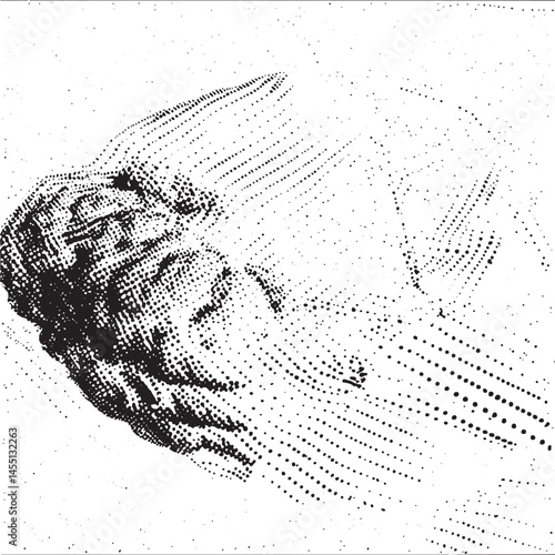 A solitary portrait of a woman’s face rendered in intricate dots.