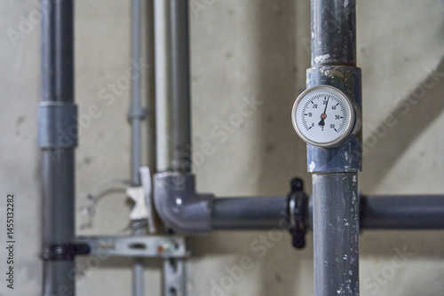 Close-up of a Brass Industrial Pressure Gauge Measuring in Bar