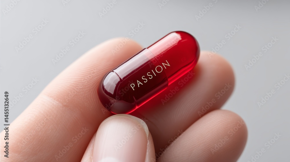 Hand holding red passion capsule with focus on text inside Hand holding red passion capsule with focus on text inside