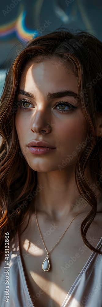 Close-up of a light-skinned woman, with long brown hair, looking thoughtfully, wearing a pearl pendant necklace. Indoor shot, portrait style. Close-up of a light-skinned woman, with long brown hair, looking thoughtfully, wearing a pearl pendant necklace. Indoor shot, portrait style.