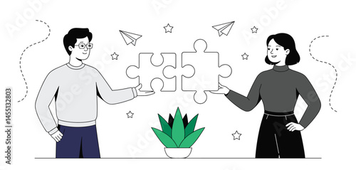 Businessman placing final puzzle piece shaped like upward arrow, symbolizing business growth, success, and strategic problem solving
