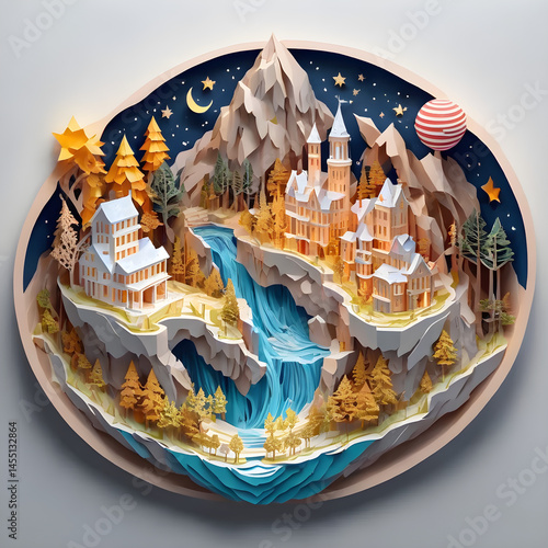 Paper Art Fantasy Mountain Village with Waterfall and Night Sky