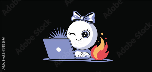 Cute cartoon character with bow winking while using laptop surrounded by flames, symbolizing high productivity, energy, or intense focus
