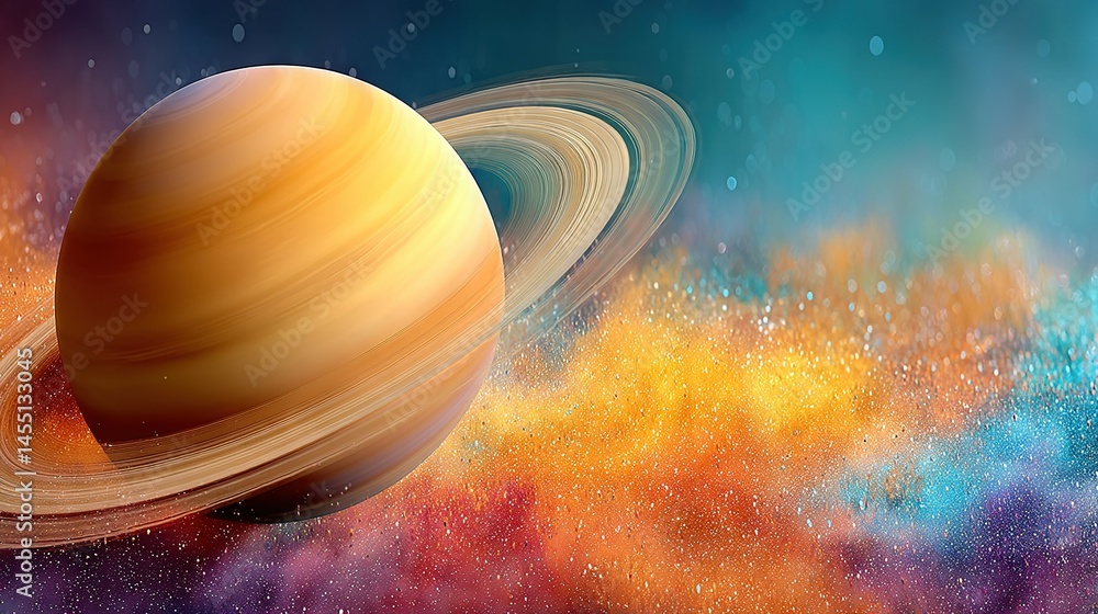 Fototapeta premium Planet Saturn, center, starry sky backdrop