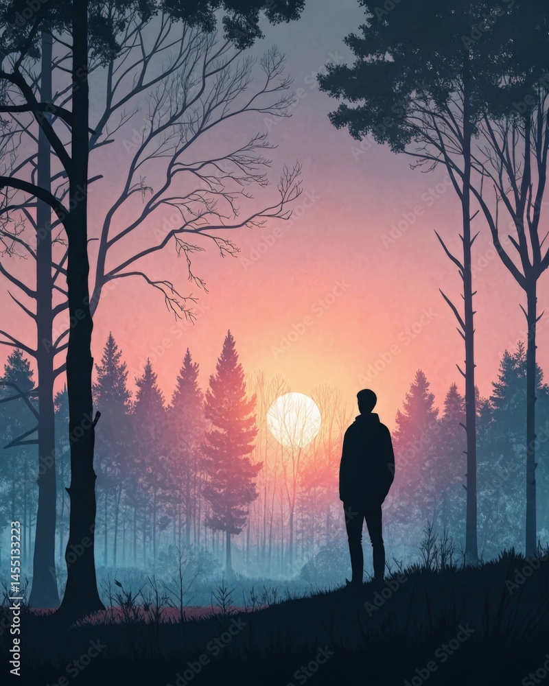 An adult standing at the edge of a shadowy forest gazing towards a vibrant sunrise breaking through the tree line embodying the promise of a new beginning.