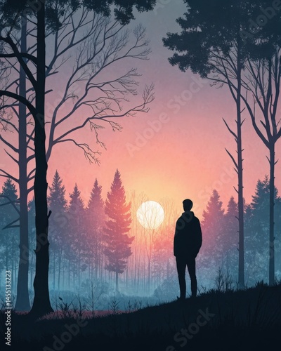 Obraz na płótnie An adult standing at the edge of a shadowy forest gazing towards a vibrant sunrise breaking through the tree line embodying the promise of a new beginning. w salonie
