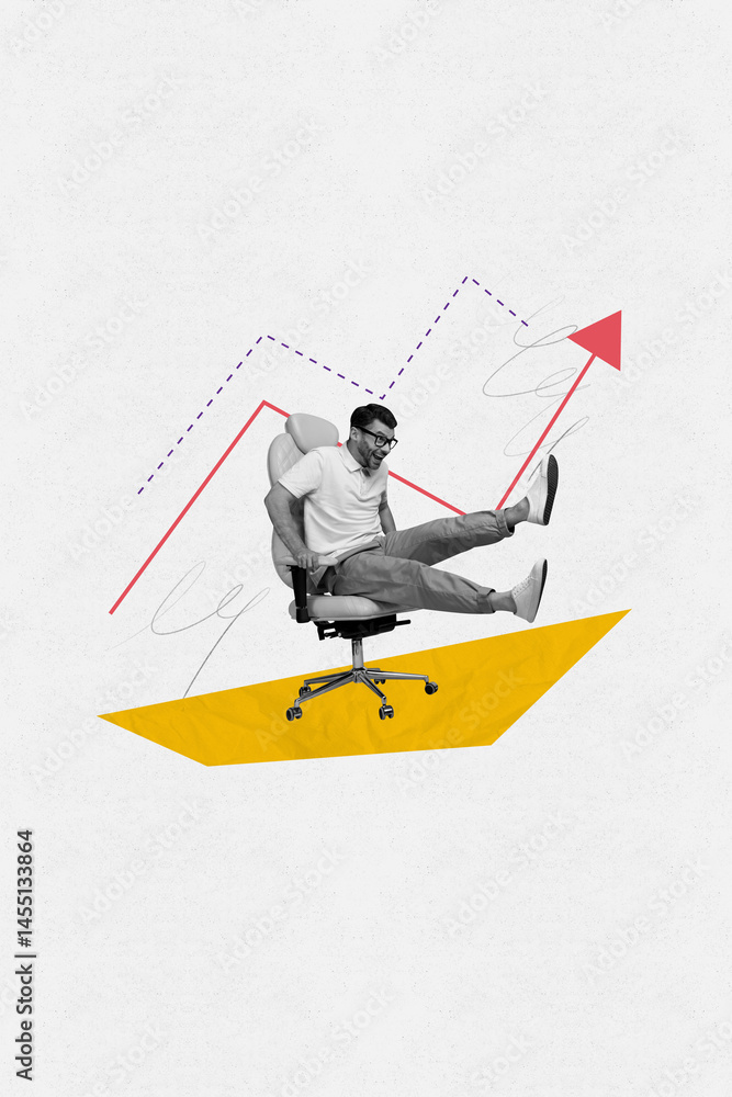 Fototapeta premium Creative collage image of happy young man sit chair on geometry figure arrows pastel background