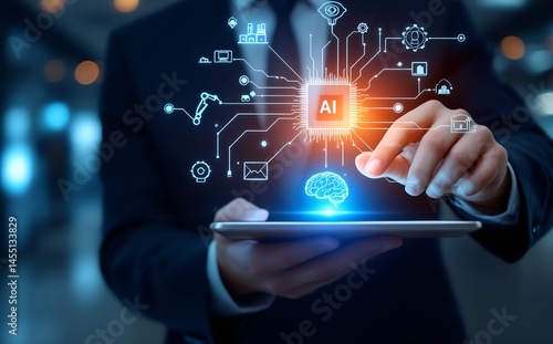 AI Integration:  A businessman's hand interacts with a glowing digital representation of Artificial Intelligence, showcasing the seamless integration of technology into modern business operations.  