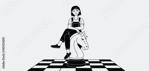 Confident Woman Sitting on Knight Chess Piece, Symbolizing Strategy, Leadership, and Decision-Making
