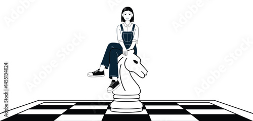 Confident Woman Sitting on Knight Chess Piece, Symbolizing Strategy, Leadership, and Decision-Making
