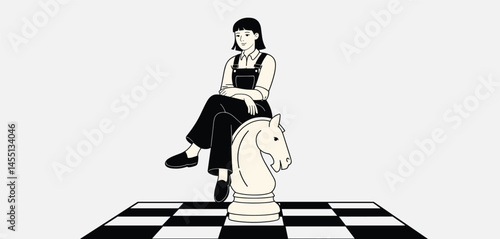 Confident Woman Sitting on Knight Chess Piece, Symbolizing Strategy, Leadership, and Decision-Making
