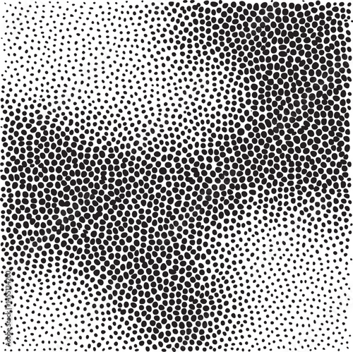A grayscale portrait gradually transitions into a field of scattered dark dots.