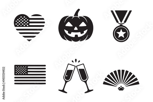 Patriotic, Halloween, and Celebration Icons in Black and White
