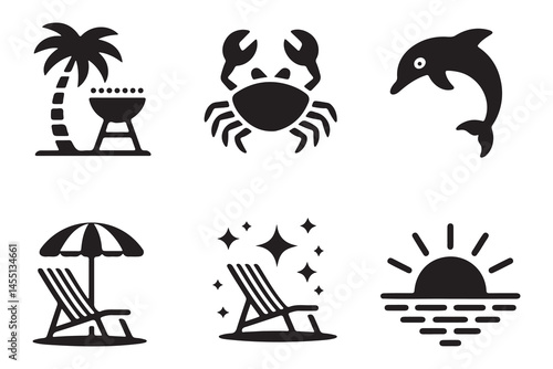 Black and white summer vacation icons set