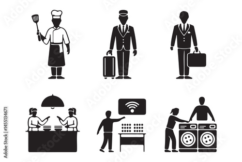 Black and white icons depicting various service industry jobs